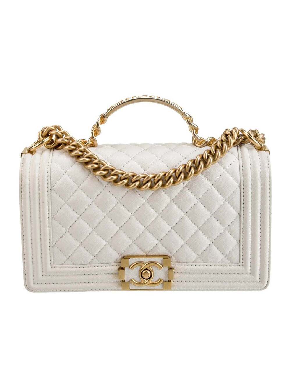 CHANEL White Quilted Lambskin Leather CC Chain Top Handle Mini Flap Bag